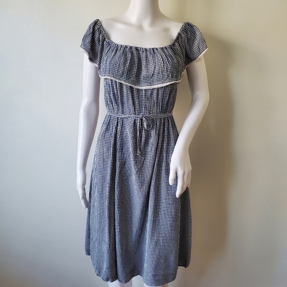 Christy Dawn Blue Gingham Plaid Ruffle Off the Shoulder Dress Size M/L